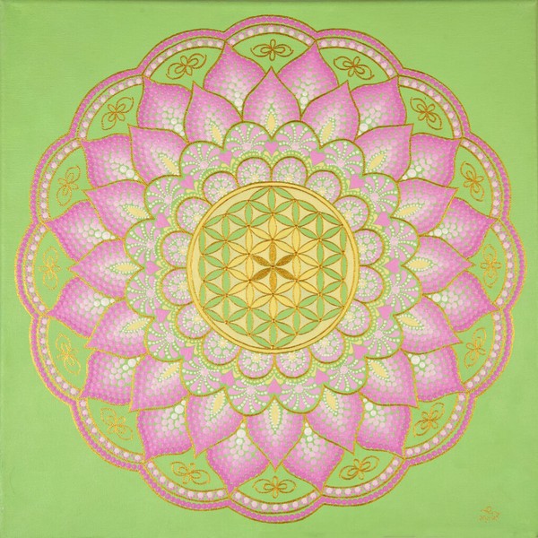 Grün-rosa Mandala mit goldenen Linien – Lichtcode für Herzöffnung, Selbstannahme und liebevolle Verbindung mit der eigenen Seele