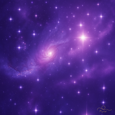 Tiefviolette Galaxie mit goldenem Lichtzentrum – Symbol für Bewusstsein, Transformation und kosmische Erinnerung. Titelbild der Kosmischen Transformation™ von Myriel