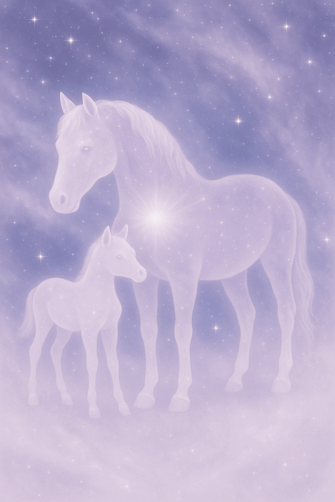 Lichtsymbolische Darstellung von Pferd und Fohlen in lila Farbtönen