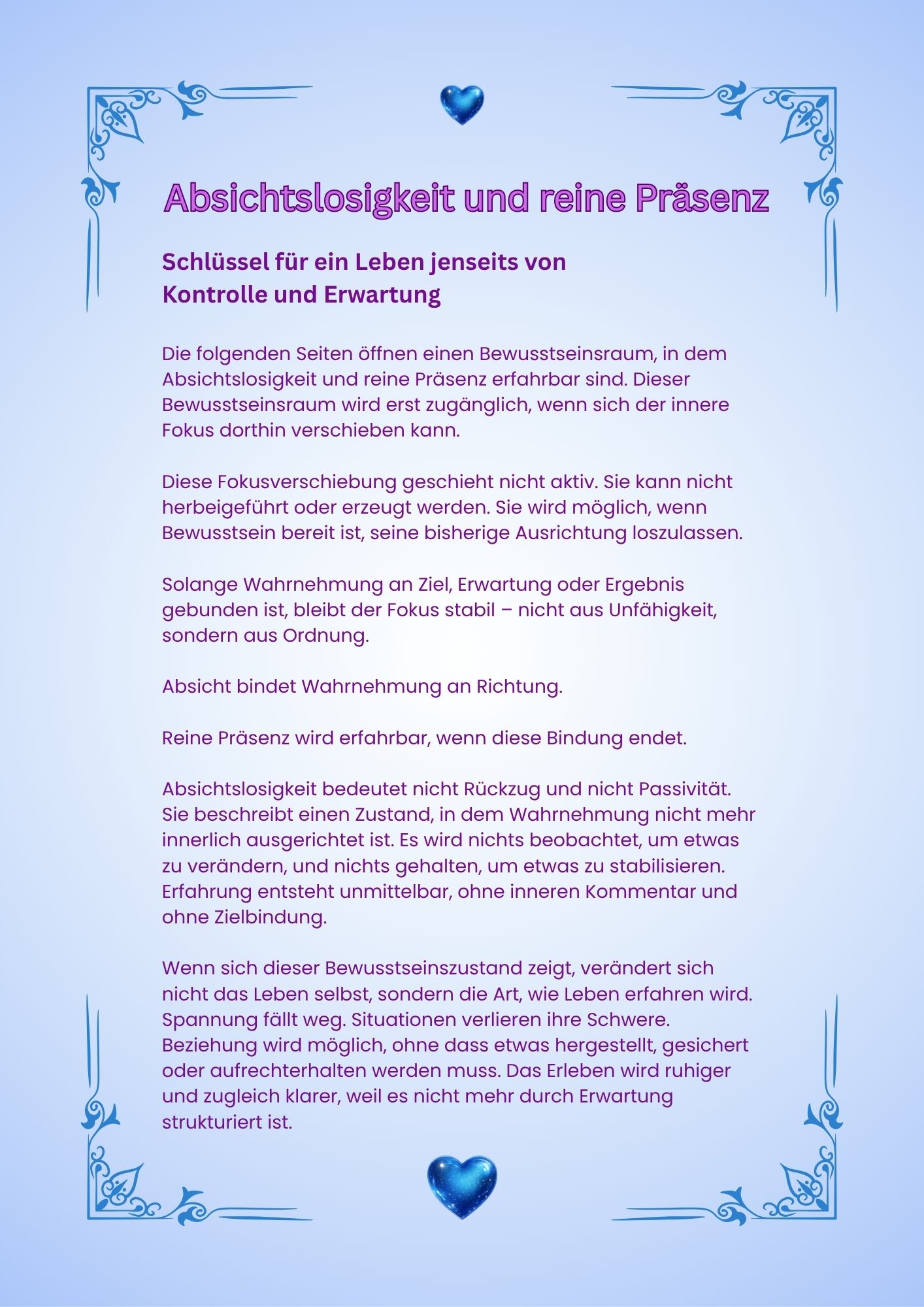 Leseprobe aus dem Booklet Absichtslosigkeit und reine Präsenz über Wahrnehmung, Loslassen und einen Bewusstseinszustand jenseits von Kontrolle und Erwartung