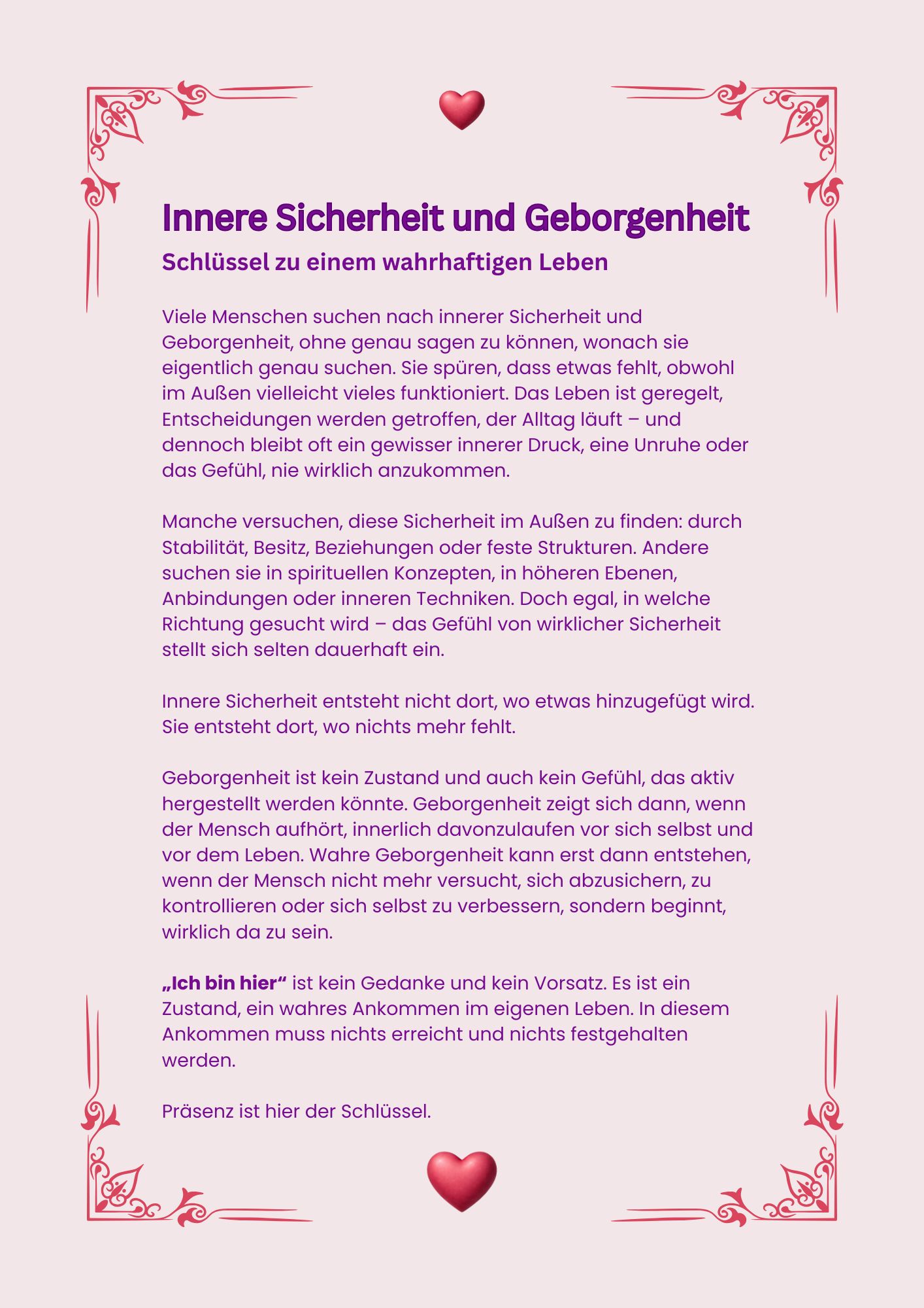 Leseprobe aus dem Booklet Innere Sicherheit und Geborgenheit über innere Sicherheit, Geborgenheit und Rückverbindung zu sich selbst