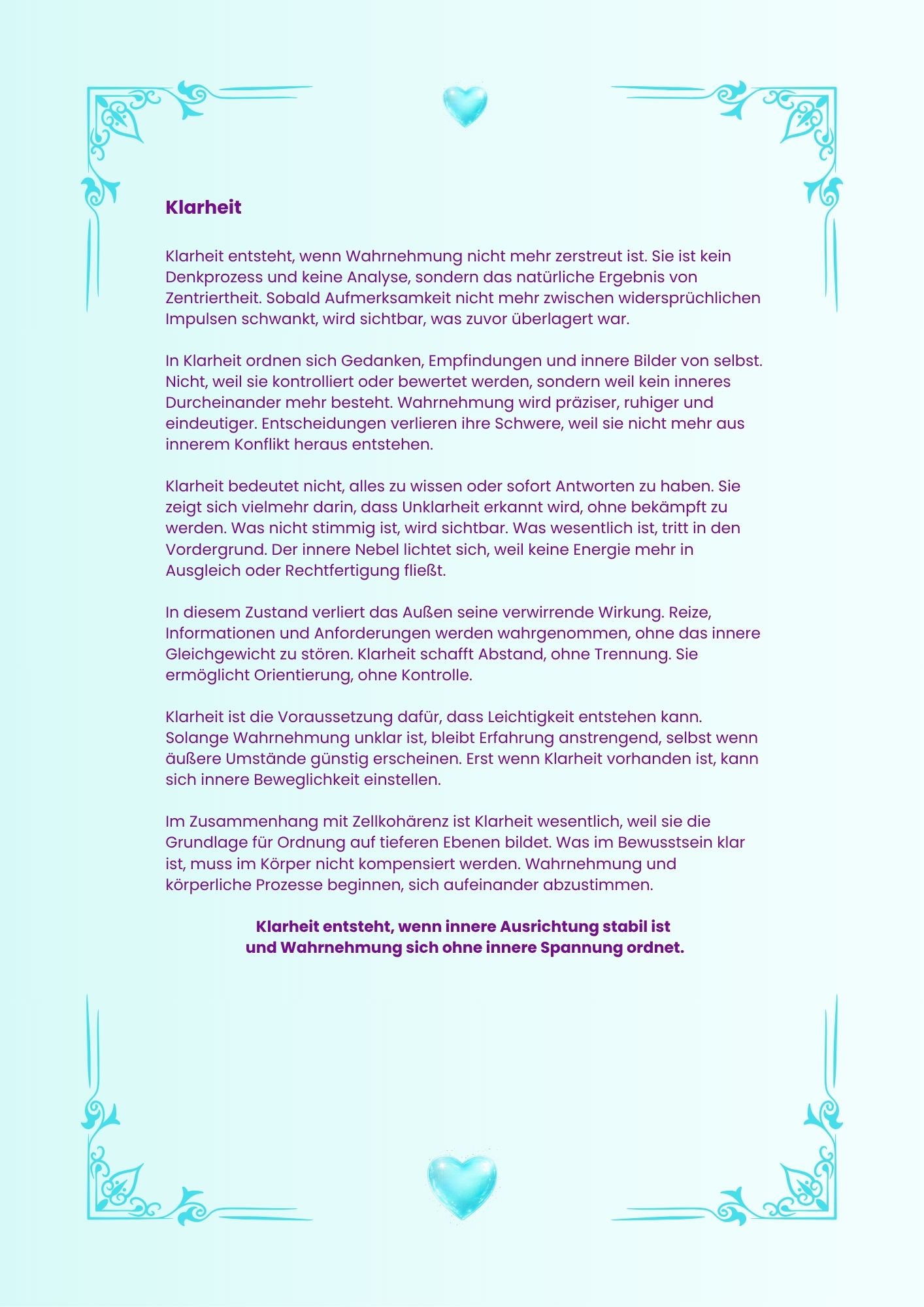Leseprobe aus dem Booklet Zentriertheit und Zellkohärenz über Klarheit, innere Ordnung und kohärente Wahrnehmung
