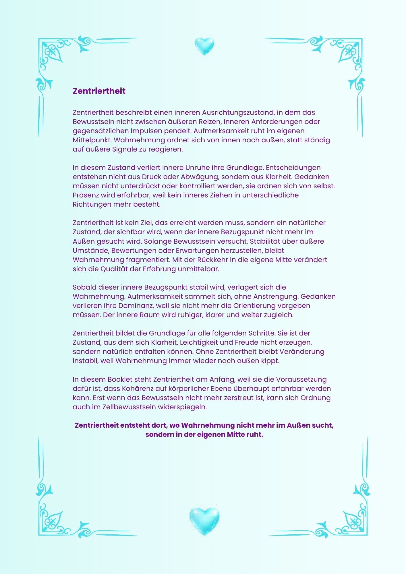 Leseprobe aus dem Booklet Zentriertheit und Zellkohärenz über Zentriertheit, innere Ausrichtung und stabile Wahrnehmung